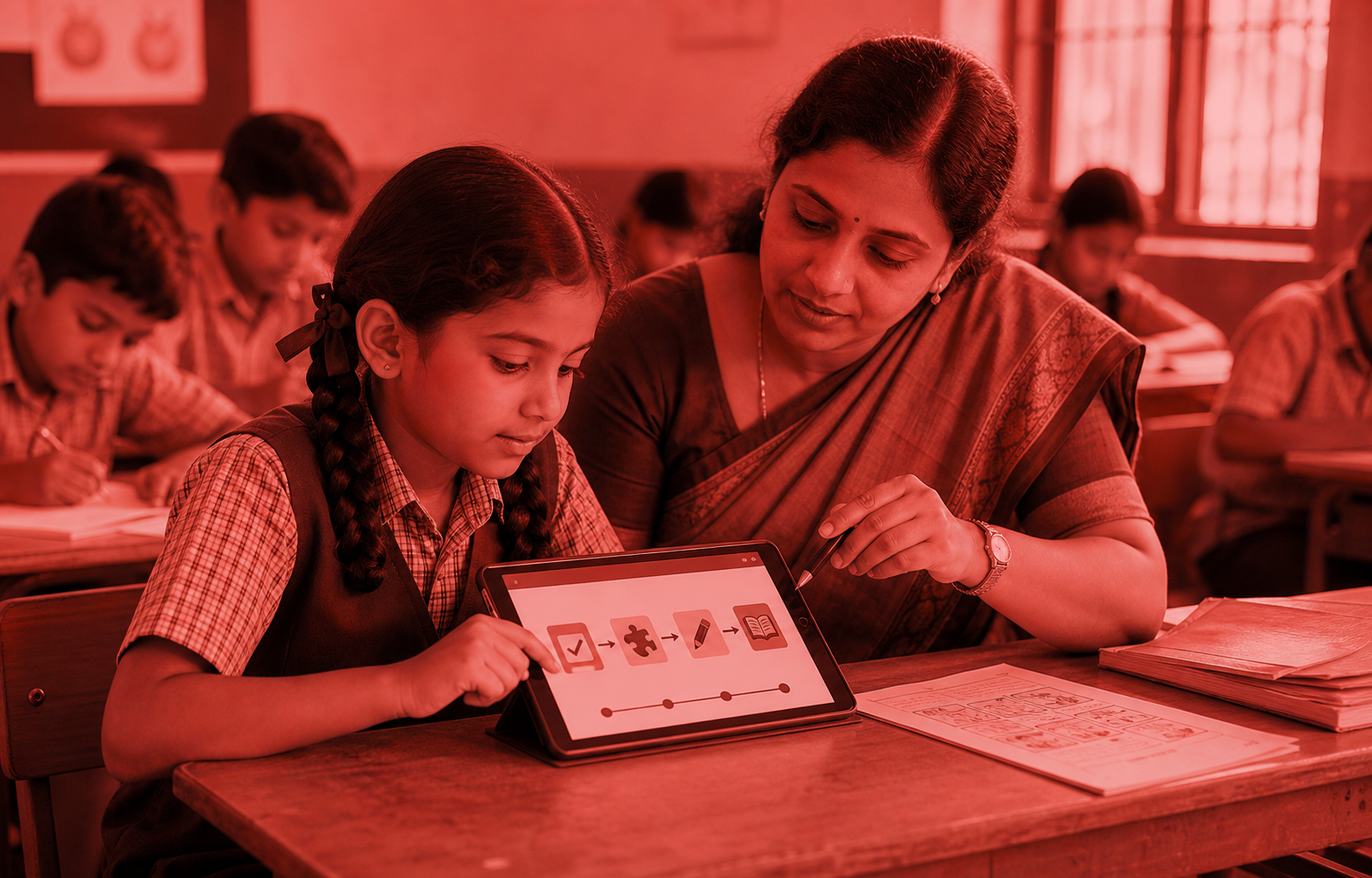 विद्यार्थी यात्रा आकलन से लक्षित अभ्यास और प्रिंट योग्य सहयोग तक जाती है, जिसमें शिक्षक नियंत्रण बनाए रखते हैं।