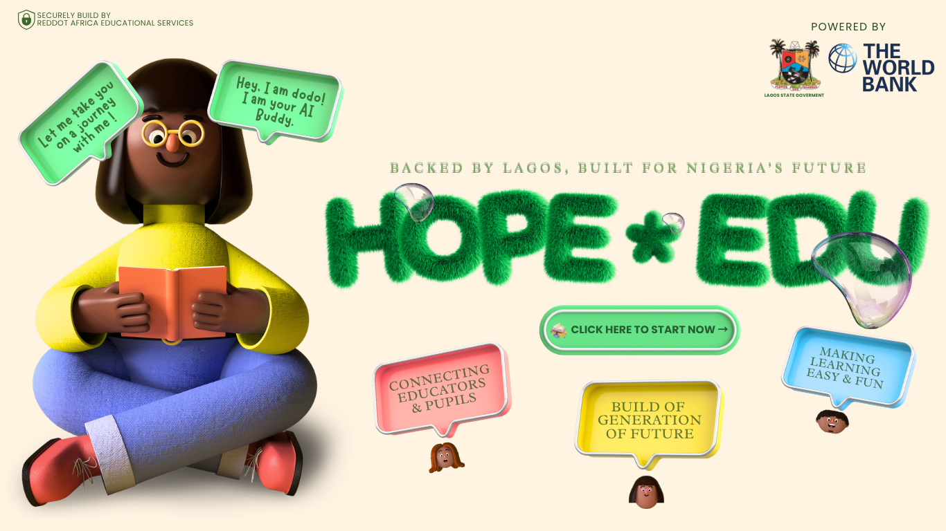 The full archival HOPE+EDU landing screen with a cream background, green controls and character-led education imagery.