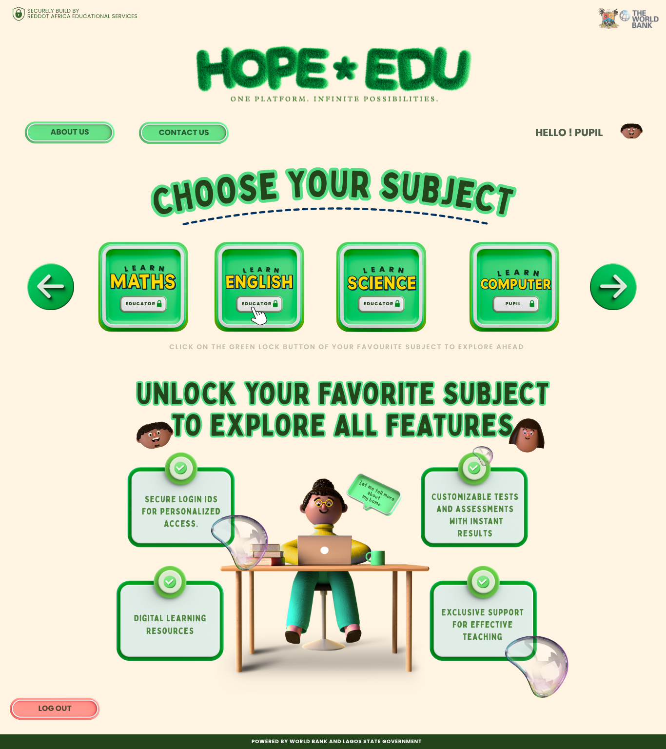 The full archival HOPE+EDU pupil subject-selection and platform overview screen.